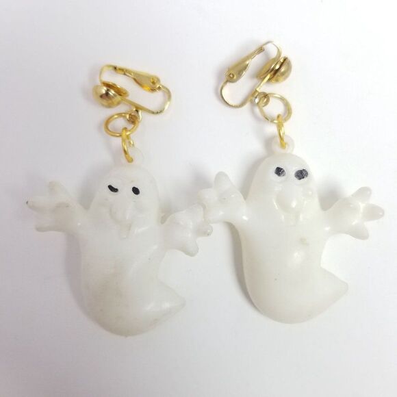 Vintage Ghost Shaped Clip On Earrings, Dangle, 80s Halloween Style, Spooky - Picture 2 of 5